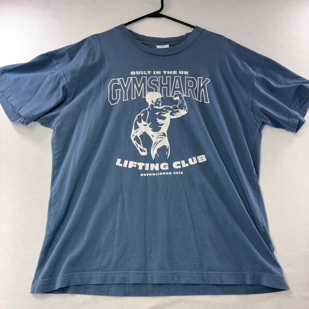 420 Gymshark Lifting Club T-Shirt L Blue Graphic Short Sleeve Cotton Tee